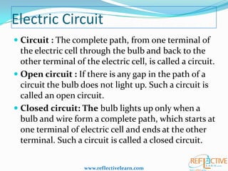 Electric Circuit
 Circuit : The complete path, from one terminal of
the electric cell through the bulb and back to the

other terminal of the electric cell, is called a circuit.
 Open circuit : If there is any gap in the path of a
circuit the bulb does not light up. Such a circuit is
called an open circuit.
 Closed circuit: The bulb lights up only when a
bulb and wire form a complete path, which starts at
one terminal of electric cell and ends at the other
terminal. Such a circuit is called a closed circuit.
www.reflectivelearn.com

 