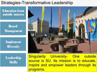 Strategies-Transformative Leadership
Singularity University- One outside
source is SU. Its mission is to educate,
inspire and empower leaders through its
programs.
 