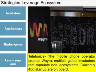 Strategies-Leverage Ecosystem
Telefonica- The mobile phone operator
created Wayra: multiple global incubators
that stimulate local ecosystems. Currently
400 startup are on board.
 