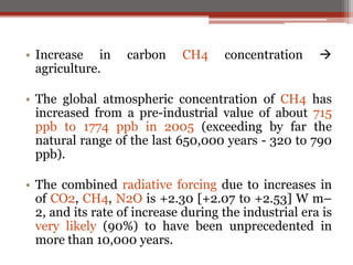 • Increase in carbon CH4 concentration 
agriculture.
• The global atmospheric concentration of CH4 has
increased from a pre-industrial value of about 715
ppb to 1774 ppb in 2005 (exceeding by far the
natural range of the last 650,000 years - 320 to 790
ppb).
• The combined radiative forcing due to increases in
of CO2, CH4, N2O is +2.30 [+2.07 to +2.53] W m–
2, and its rate of increase during the industrial era is
very likely (90%) to have been unprecedented in
more than 10,000 years.
 