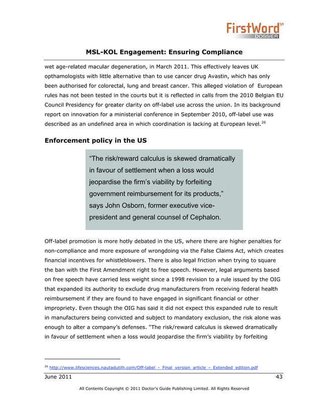 Medical Science Liaison (MSL) and KOL Regulatory Compliance