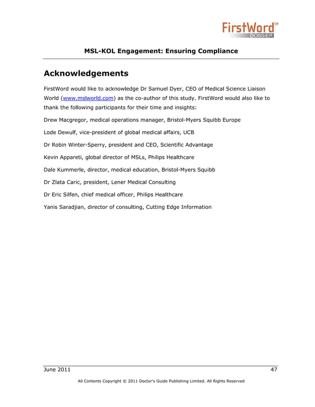 Medical Science Liaison (MSL) and KOL Regulatory Compliance