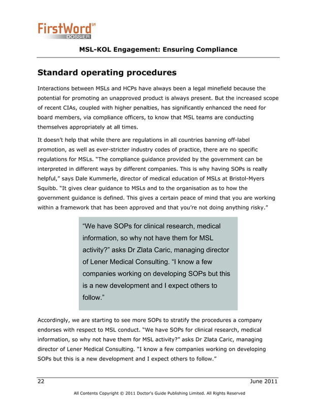Medical Science Liaison (MSL) and KOL Regulatory Compliance