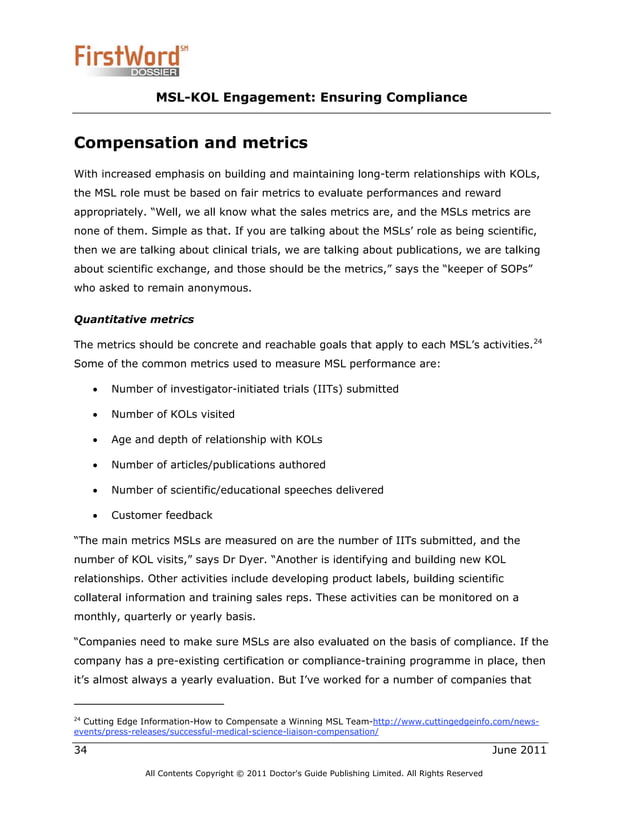Medical Science Liaison (MSL) and KOL Regulatory Compliance