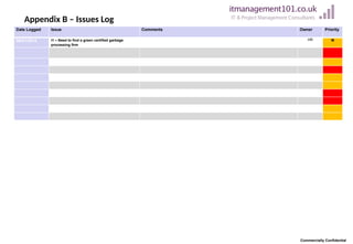 Appendix B – Issues Log
Date Logged Issue Comments Owner Priority
06/01/2014 I1 – Need to find a green certified garbage
processing firm
HR M
Commercially Confidential
 