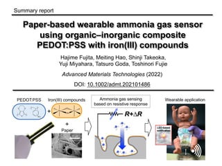 Paper-based wearable ammonia gas sensor
using organic–inorganic composite
PEDOT:PSS with iron(III) compounds
Hajime Fujita, Meiting Hao, Shinji Takeoka,
Yuji Miyahara, Tatsuro Goda, Toshinori Fujie
Advanced Materials Technologies (2022)
DOI: 10.1002/admt.202101486
Fe
OH
Fe
O
O O
S SO3
-
+
PEDOT:PSS Iron(III) compounds
Summary report
Paper
+
Ammonia gas sensing
based on resistive response
Wearable application
 