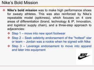  Nike’s bold mission was to make high performance shoes
for sweaty athletes. This was also reinforced by Nike’s
repeatable model (spikiness), which focuses on 4 core
areas of differentiation (brand, technology & IP, Innovation,
and logistics/ supply chain), and a three-step approach to
adjacencies:
 Step 1 – move into new sport footwear
 Step 2 – Seek celebrity endorsement of the "hottest" star
or team – Jordan was a rookie when he signed with Nike
 Step 3 – Leverage endorsement to move into apparel
and later into equipment
Nike’s Bold Mission
 