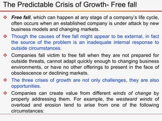  Free fall, which can happen at any stage of a company’s life cycle,
often occurs when an established company is under attack by new
business models and changing markets.
 Though the causes of free fall might appear to be external, in fact
the source of the problem is an inadequate internal response to
outside circumstances.
 Companies fall victim to free fall when they are not prepared for
outside threats, cannot adapt quickly enough to changing business
environments, or have no other offerings to present in the face of
obsolescence or declining markets.
 The three crises of growth are not only challenges, they are also
opportunities.
 Companies can create value from different winds of change by
properly addressing them. For example, the westward winds of
overload and erosion tend to arise from one of the following
circumstances:
The Predictable Crisis of Growth- Free fall
 
