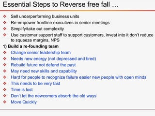  Sell underperforming business units
 Re-empower frontline executives in senior meetings
 Simplify/take out complexity
 Use customer support staff to support customers, invest into it don’t reduce
to squeeze margins, NPS
1) Build a re-founding team
 Change senior leadership team
 Needs new energy (not depressed and tired)
 Rebuild future not defend the past
 May need new skills and capability
 Hard for people to recognize failure easier new people with open minds
 This needs to be very fast
 Time is lost
 Don’t let the newcomers absorb the old ways
 Move Quickly
Essential Steps to Reverse free fall …
 
