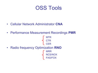 OSS Tools
• Cellular Network Administrator CNA
• Performance Measurement Recordings PMR
MTR
CTR
CER
• Radio frequency Optimization RNO
MRR
NCS/NOX
FAS/FOX
 