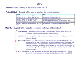 KPI´s
Accessibility = Capacity of the user to obtain a RAB
Retenibilidad = Capacity of the user to maintain the service required
Counter Detail
Rab active failures due to Iu for CS voice Falla en interfase Iu
Rab active failures due to radio int for CS voice Mala sincronía en interfase de radio
Rab active failures due to BTS for CS voice Desconexión por problemas en la BTS
Rab active failures due to Iur for CS voice Desconexión durante el proceso de selección de la DRNC
Rab active failures due to RNC for CS Voice Llamada caída por causas internas en la RNC
Number of RAB active failures caused by UE for CS
voice
UE no responde al mensaje de establecimiento de RRC
Mobility = Capacity of the operator to maintain mobility in all the network
Soft Handover = Several Radio Links active at the same time of different Nodes B. (the EU
changes of different Node B and in the same frequency).
Softer Handover = Special case of Soft handover where the radio links is added or removed on
the same Node B.
Hard Handover = This type of handover works under the concept of which all the Radio Links
assets (old) in the User Equipment are removed before establishing new Radio Link.
Hard Handover can be synchronous or non synchronous. The synchronization in
handover means that handover is not perceivable by user. Actually handover that he
requires a change of frequency (Inter frequency to handover) always is classified like
a Hard Handover.
IRAT Handover = This type of handover is considered like Hard Handover because it realises
between two technologies and it can be realised in both ways 2G-3G and 3G-2G
 
