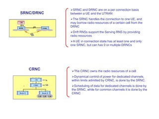 SRNC/DRNC
SRNC and DRNC are on a per connection basis
between a UE and the UTRAN
The SRNC handles the connection to one UE, and
may borrow radio resources of a certain cell from the
DRNC
Drift RNSs support the Serving RNS by providing
radio resources
A UE in connection state has at least one and only
one SRNC, but can has 0 or multiple DRNCs
CRNC The CRNC owns the radio resources of a cell
Dynamical control of power for dedicated channels,
within limits admitted by CRNC, is done by the SRNC.
Scheduling of data for dedicated channels is done by
the SRNC, while for common channels it is done by the
CRNC
 