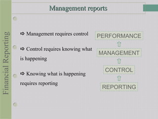  Management requires control
 Control requires knowing what
is happening
 Knowing what is happening
requires reporting
Management reportsManagement reports
PERFORMANCE
MANAGEMENT
CONTROL
REPORTING
FinancialReporting
 