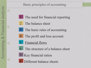 Accounting&Financialanalysis
1 The need for financial reporting
2 The balance sheet
3 The basic rules of accounting
4 The profit and loss account
5 Financial flows
6 The structure of a balance sheet
7 Key financial ratios
8 Different balance sheets
Basic principles of accounting
 