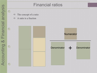 Financial ratios
Numerator
Denominator Denominator
+
 The concept of a ratio
 A ratio is a fraction
Accounting&Financialanalysis
 