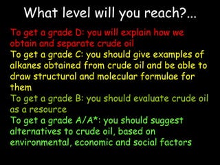 What level will you reach?...
To get a grade D: you will explain how we
obtain and separate crude oil
To get a grade C: you should give examples of
alkanes obtained from crude oil and be able to
draw structural and molecular formulae for
them
To get a grade B: you should evaluate crude oil
as a resource
To get a grade A/A*: you should suggest
alternatives to crude oil, based on
environmental, economic and social factors
 