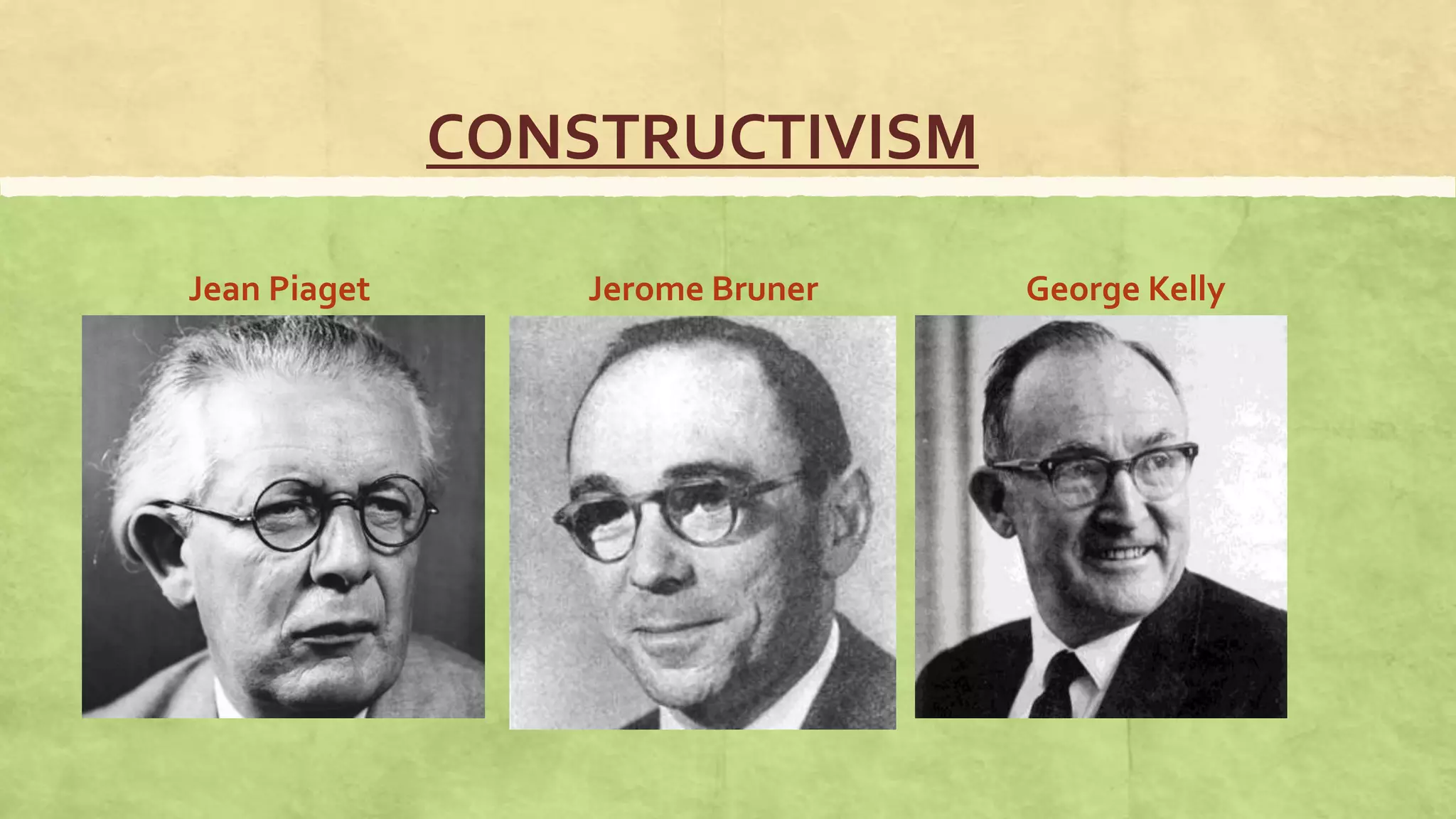CONSTRUCTIVISM
Jean Piaget Jerome Bruner George Kelly
 