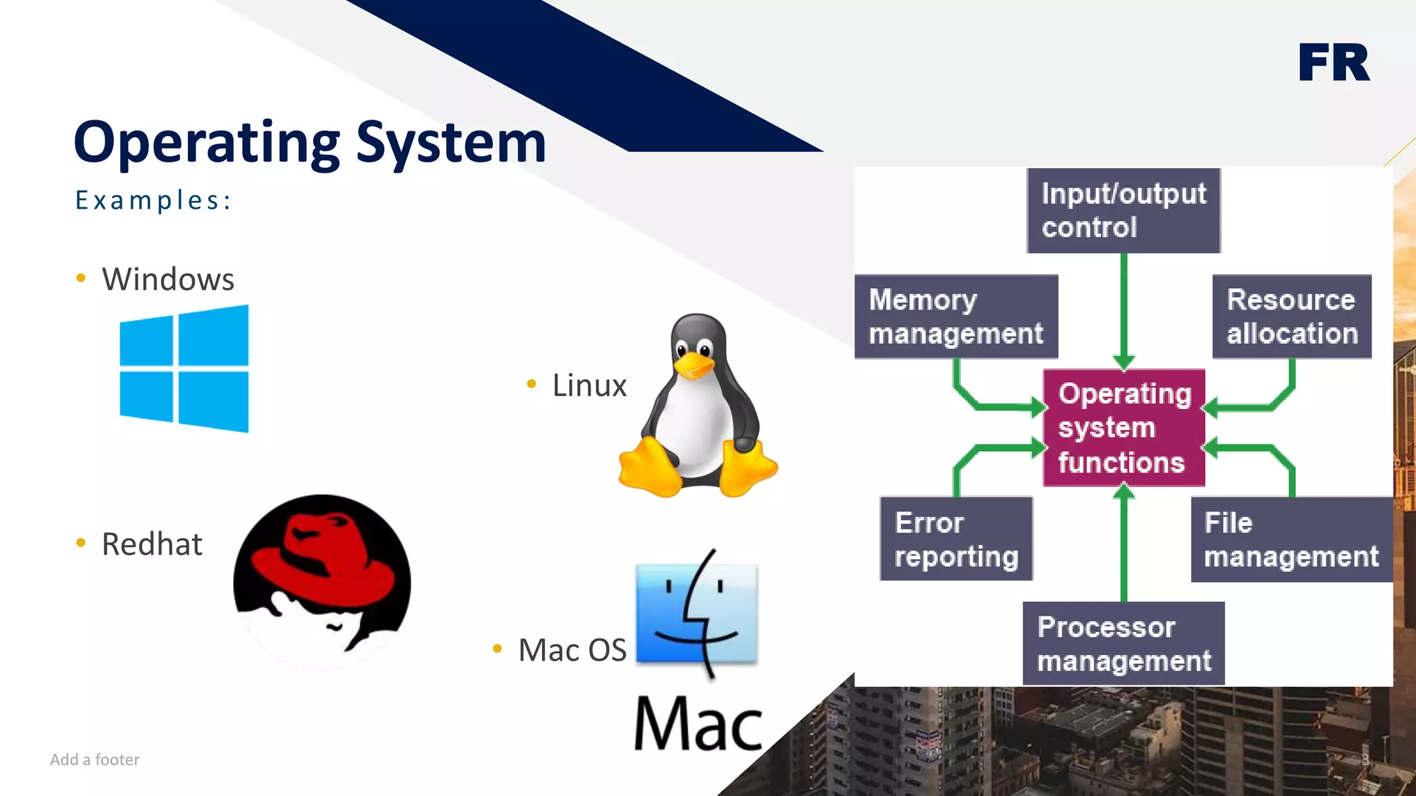 FR
Operating System
E xamp les:
Add a footer 3
• Windows
• Linux
• Redhat
• Mac OS
 