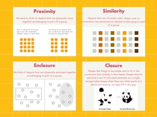 We tend to think of objects that are physically close
together as belonging to part of a group
Proximity
Objects that are of similar color, shape, size, or
orientation are perceived as related or belonging to part
of a group
Similarity
We think of objects that are physically enclosed together
as belonging to part of a group.
Enclosure
People like things to be simple and to fit in the
constructs that already in their head. People tend to
perceive a set of individual elements as a single,
recognizable shape when they can-when parts of a
whole are missing, our eyes fill in the gap.
Closure
 