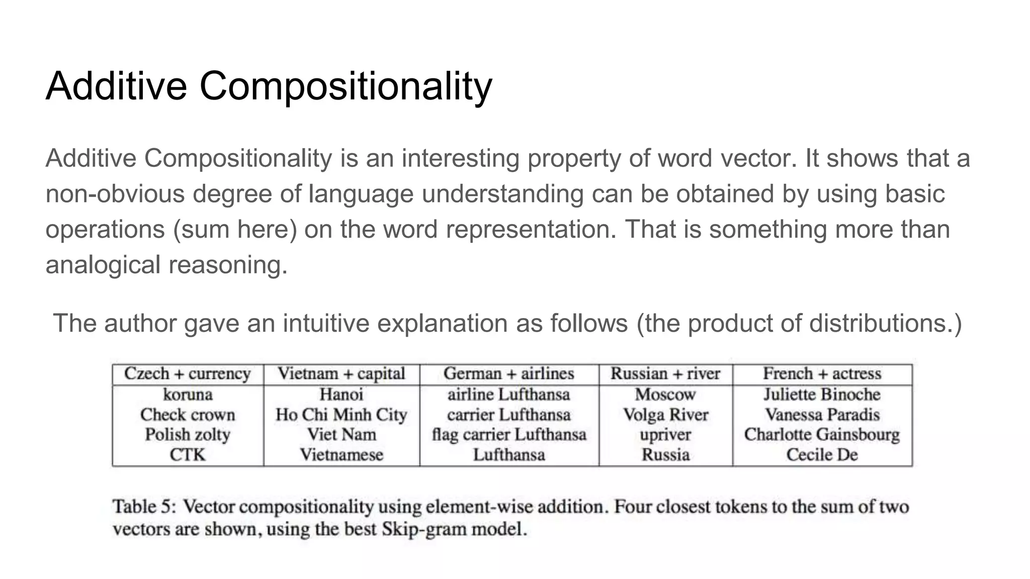 Additive Compositionality
Additive Compositionality is an interesting property of word vector. It shows that a
non-obvious degree of language understanding can be obtained by using basic
operations (sum here) on the word representation. That is something more than
analogical reasoning.
The author gave an intuitive explanation as follows (the product of distributions.)
 