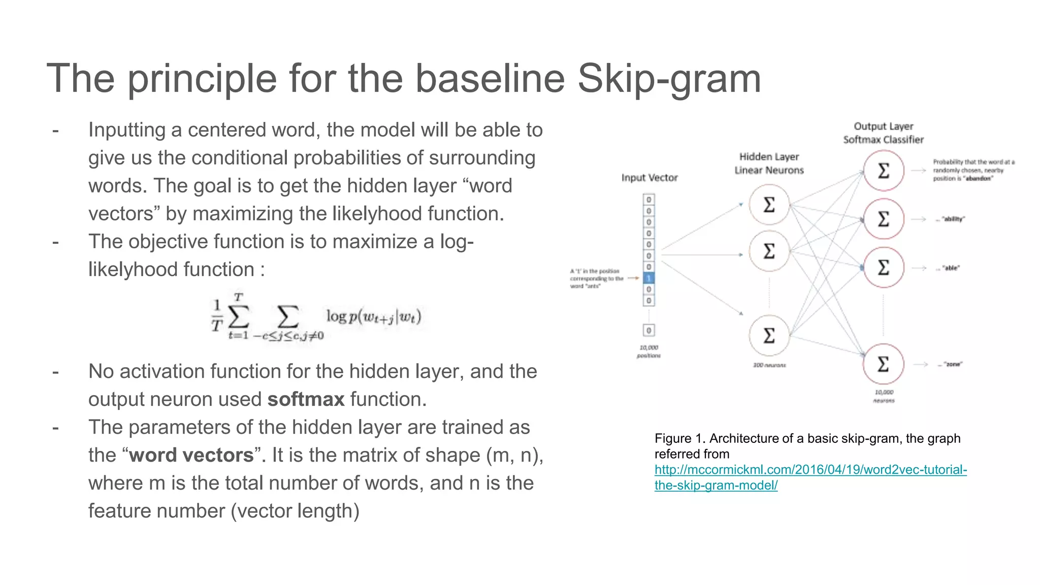 The principle for the baseline Skip-gram
- Inputting a centered word, the model will be able to
give us the conditional probabilities of surrounding
words. The goal is to get the hidden layer “word
vectors” by maximizing the likelyhood function.
- The objective function is to maximize a log-
likelyhood function :
- No activation function for the hidden layer, and the
output neuron used softmax function.
- The parameters of the hidden layer are trained as
the “word vectors”. It is the matrix of shape (m, n),
where m is the total number of words, and n is the
feature number (vector length)
Figure 1. Architecture of a basic skip-gram, the graph
referred from
http://mccormickml.com/2016/04/19/word2vec-tutorial-
the-skip-gram-model/
 