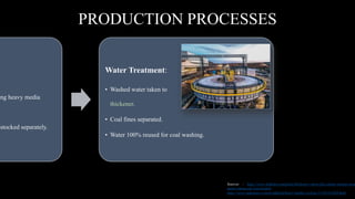 ing heavy media
stocked separately.
Water Treatment:
• Washed water taken to
thickener.
• Coal fines separated.
• Water 100% reused for coal washing.
Sources : https://www.linkedin.com/pulse/thickener-where-flocculants-mainly-used
nuoer-chemicals-iran-branch
https://www.indiamart.com/proddetail/heavy-media-cyclone-21191314388.html
PRODUCTION PROCESSES
 