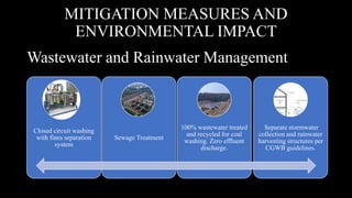 Wastewater and Rainwater Management
Closed circuit washing
with fines separation
system
Sewage Treatment
100% wastewater treated
and recycled for coal
washing. Zero effluent
discharge.
Separate stormwater
collection and rainwater
harvesting structures per
CGWB guidelines.
MITIGATION MEASURES AND
ENVIRONMENTAL IMPACT
 