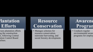 Plantation
Efforts
rsees plantation efforts
ng the construction
e, following Central
ution Control Board
elines.
Resource
Conservation
• Manages schemes for
resource conservation,
rainwater harvesting, and
social forestry development.
Awarene
Program
• Conducts regular
environmental aware
programs for employ
 