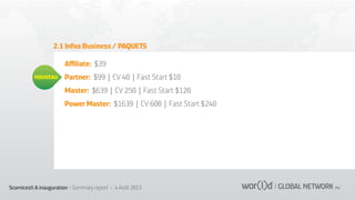 2.1 Infos Business / PAQUETS
Aﬃliate: $39
NOUVEAU

Partner: $99 | CV 40 | Fast Start $10
Master: $639 | CV 250 | Fast Start $120
Power Master: $1639 | CV 600 | Fast Start $240

Scornicesti A inauguration - Summary report - 4 Août 2013

 
