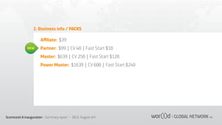 2. Business info / PACKS
Aﬃliate: $39
NEW

Partner: $99 | CV 40 | Fast Start $10
Master: $639 | CV 250 | Fast Start $120
Power Master: $1639 | CV 600 | Fast Start $240

Scornicesti A inauguration - Summary report - 2013, August 4th

 