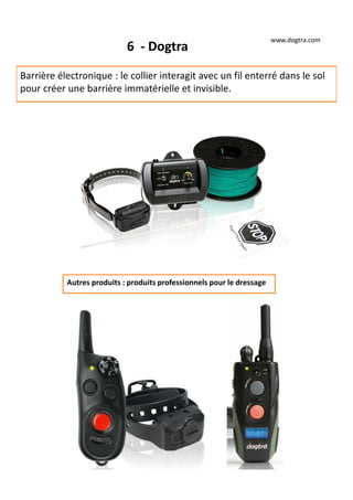 6 - Dogtra
Barrière électronique : le collier interagit avec un fil enterré dans le sol
pour créer une barrière immatérielle et invisible.
Autres produits : produits professionnels pour le dressage
www.dogtra.com
 