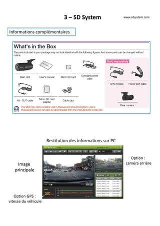 3 – SD System
Informations complémentaires
www.sdsystem.com
Restitution des informations sur PC
Image
principale
Option GPS :
vitesse du véhicule
Option :
caméra arrière
 
