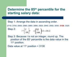 Determine the 85th
percentile for the
starting salary data:
Step 1: Arrange the data in ascending order.
Step 2:
Step 3: Because i is not an integer, round up. The
position of the 85th
percentile is the data value in the
11th
position.
Data value at 11th
position = 3130
100
n
p
i 







=
2710; 2755; 2850; 2880; 2880; 2890; 2920; 2940; 2950; 3050; 3130; 3325
2.1012
100
85
=





=
 