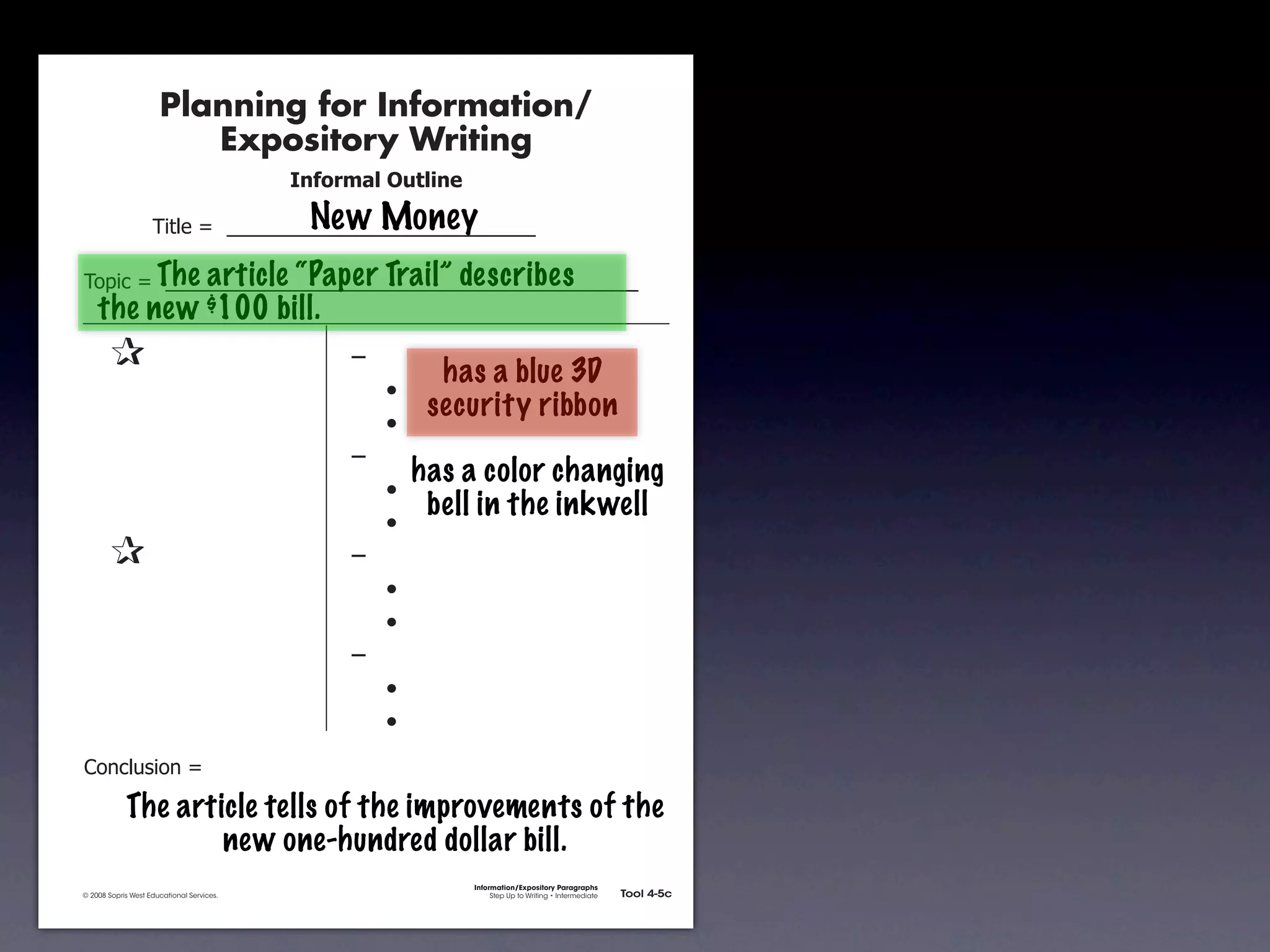 Planning for Information/
                                        Expository Writing
                                                          !"#$%&'()*+,(-".

                                                           New Money
                                     !"#$%&'&&((((((((((((((((((((((((((((((

                       The article “Paper Trail” describes
               !)*"+&'&&((((((((((((((((((((((((((((((((((((((((((((((
                   the new $100 bill.
               &                 &                             ,&
                                                                          has a blue 3D
               &       &                                       &    -
                                                                         security ribbon
               &       &                                       &    -
               &       &                                       ,&
                                                                        has a color changing
               &       &                                       &    -
                                                                         bell in the inkwell
               &       &                                       &    -
               &                 &                             ,&
               &       &                                       &    -
               &       &                                       &    -
               &       &                                       ,&
               &       &                                       &    -
               &       &                                       &    -
               .)/+$01")/&'&

                            The article tells of the improvements of the
                                    new one-hundred dollar bill.
                                                                             Information/Expository Paragraphs
               © 2008 Sopris West Educational Services.                           Step Up to Writing • Intermediate   Tool 4-5c



Intermediate-sec4.indd 12                                                                                                4/10/07 10:27:20 AM
 