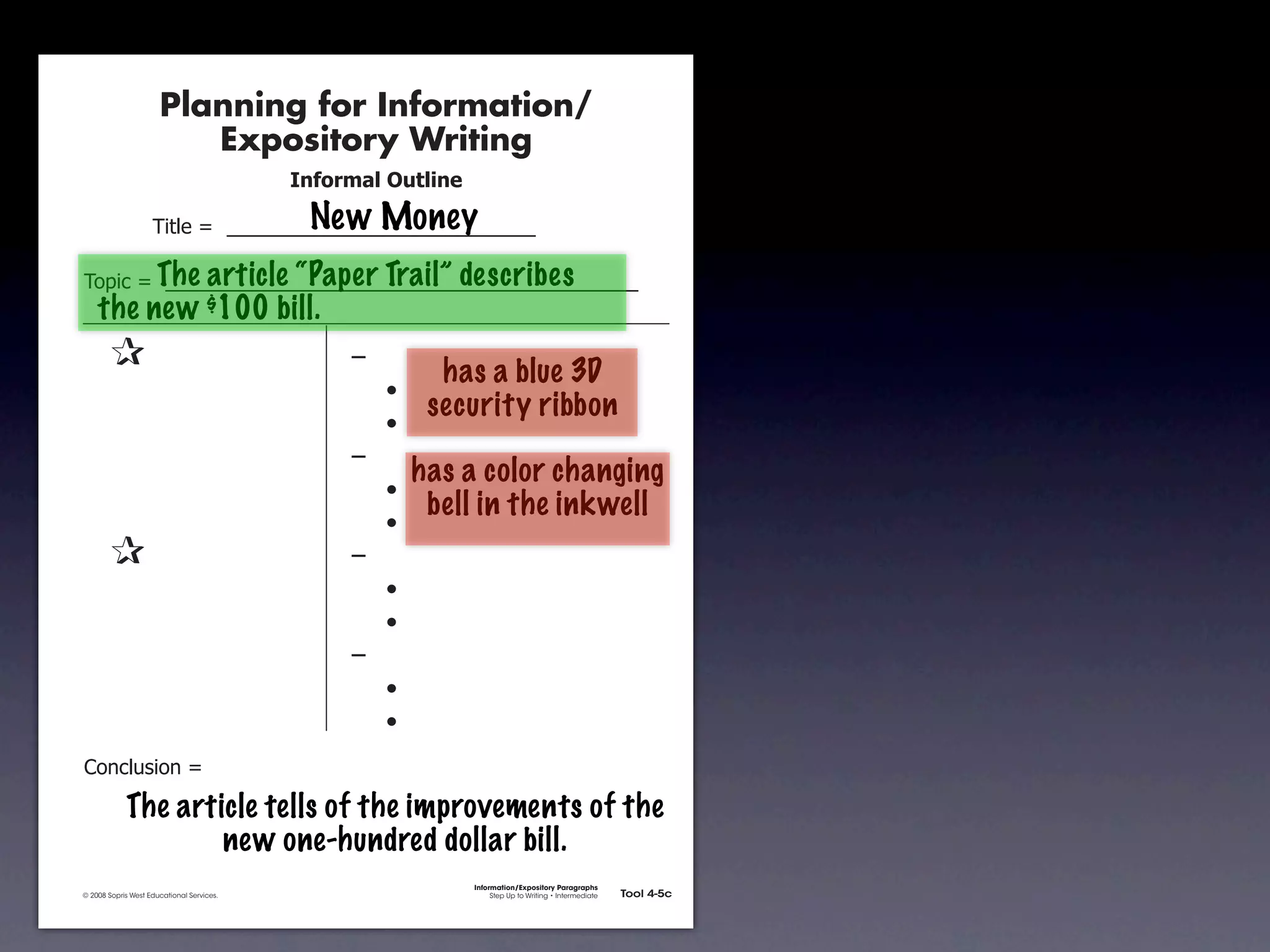 Planning for Information/
                                        Expository Writing
                                                          !"#$%&'()*+,(-".

                                                           New Money
                                     !"#$%&'&&((((((((((((((((((((((((((((((

                       The article “Paper Trail” describes
               !)*"+&'&&((((((((((((((((((((((((((((((((((((((((((((((
                   the new $100 bill.
               &                 &                             ,&
                                                                          has a blue 3D
               &       &                                       &    -
                                                                         security ribbon
               &       &                                       &    -
               &       &                                       ,&
                                                                        has a color changing
               &       &                                       &    -
                                                                         bell in the inkwell
               &       &                                       &    -
               &                 &                             ,&
               &       &                                       &    -
               &       &                                       &    -
               &       &                                       ,&
               &       &                                       &    -
               &       &                                       &    -
               .)/+$01")/&'&

                            The article tells of the improvements of the
                                    new one-hundred dollar bill.
                                                                             Information/Expository Paragraphs
               © 2008 Sopris West Educational Services.                           Step Up to Writing • Intermediate   Tool 4-5c



Intermediate-sec4.indd 12                                                                                                4/10/07 10:27:20 AM
 