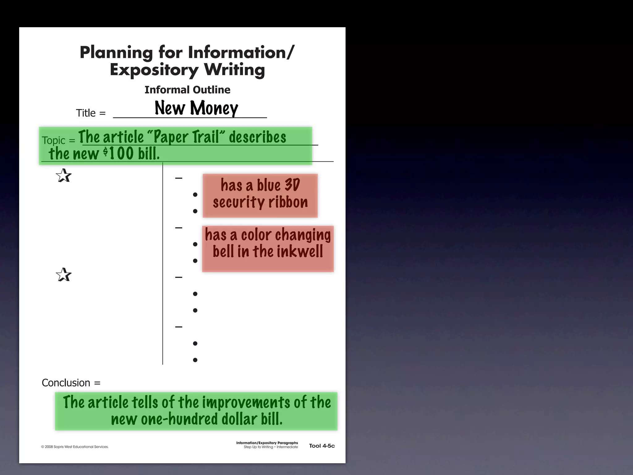 Planning for Information/
                                        Expository Writing
                                                          !"#$%&'()*+,(-".

                                                           New Money
                                     !"#$%&'&&((((((((((((((((((((((((((((((

                       The article “Paper Trail” describes
               !)*"+&'&&((((((((((((((((((((((((((((((((((((((((((((((
                   the new $100 bill.
               &                 &                             ,&
                                                                          has a blue 3D
               &       &                                       &    -
                                                                         security ribbon
               &       &                                       &    -
               &       &                                       ,&
                                                                        has a color changing
               &       &                                       &    -
                                                                         bell in the inkwell
               &       &                                       &    -
               &                 &                             ,&
               &       &                                       &    -
               &       &                                       &    -
               &       &                                       ,&
               &       &                                       &    -
               &       &                                       &    -
               .)/+$01")/&'&

                            The article tells of the improvements of the
                                    new one-hundred dollar bill.
                                                                             Information/Expository Paragraphs
               © 2008 Sopris West Educational Services.                           Step Up to Writing • Intermediate   Tool 4-5c



Intermediate-sec4.indd 12                                                                                                4/10/07 10:27:20 AM
 