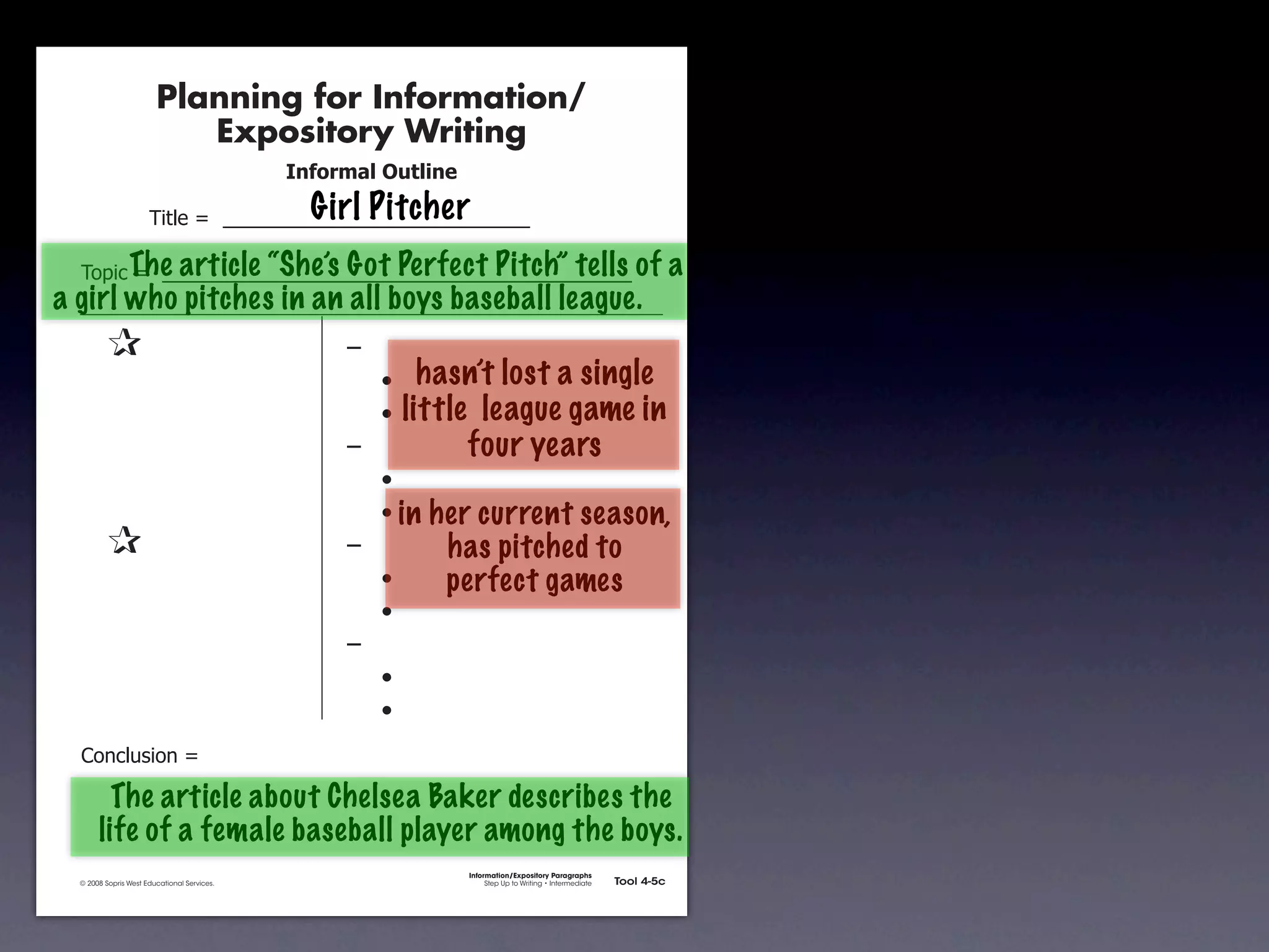 Planning for Information/
                                        Expository Writing
                                                          !"#$%&'()*+,(-".
                                                            Girl Pitcher
                                     !"#$%&'&&((((((((((((((((((((((((((((((

               !)*"+&'&&(((((((((((((((((((((((((((((((((((((((((((((( of
                    The article “She’s Got Perfect Pitch” tells                                                                     a
       a girl who pitches in an all boys baseball league.
               &                 &                             ,&
               &       &                                       &    -     hasn’t lost a single
               &       &                                       &    -   little league game in
               &       &                                       ,&             four years
               &       &                                       &    -
               &       &                                       &    - in   her current season,
               &                 &                             ,&           has pitched to
               &       &                                       &    -       perfect games
               &       &                                       &    -
               &       &                                       ,&
               &       &                                       &    -
               &       &                                       &    -
               .)/+$01")/&'&

                      The article about Chelsea Baker describes the
                    life of a female baseball player among the boys.
                                                                              Information/Expository Paragraphs
               © 2008 Sopris West Educational Services.                            Step Up to Writing • Intermediate   Tool 4-5c



Intermediate-sec4.indd 12                                                                                                 4/10/07 10:27:20 AM
 