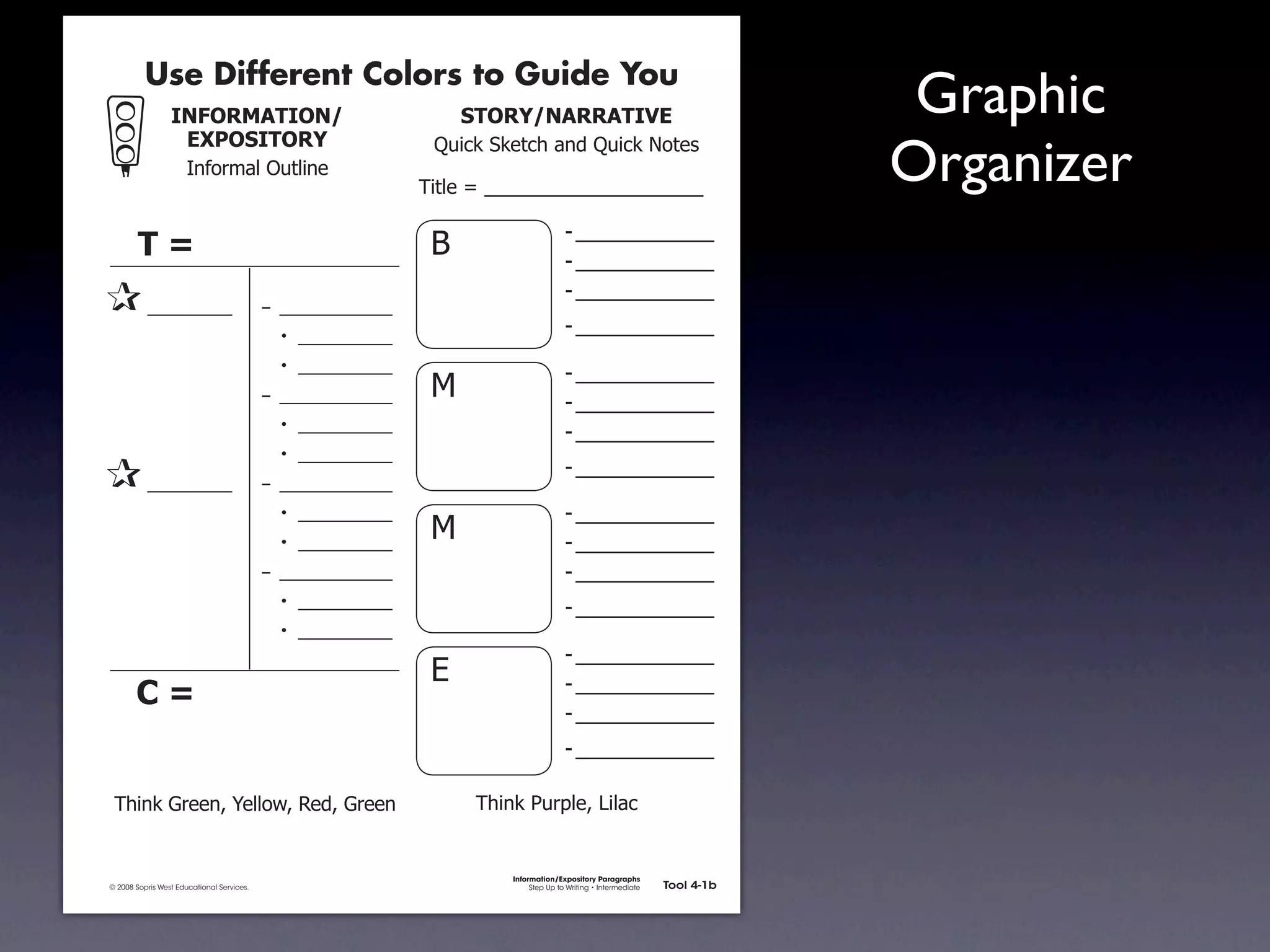 Use Different Colors to Guide You
                                !"#$%&'(!$")                                    -($%.)"'%%'(!/*                                                         Graphic
                                 *+,$-!($%.
                                     !"#$%&'()*+,(-".
                                                                            /+-01)21.,03)'"4)/+-01)5$,.6

                                                                           7-,(.)8)) 9999999999999999999
                                                                                   9
                                                                                                                                                       Organizer
                                                                                                    =)9999999999999
                       (01                                                  :                       =)9999999999999
                                                                                                    =)9999999999999
                           _________                      – ____________
                                                           • __________
                                                                                                    =)9999999999999
                                                           • __________                             =)9999999999999
                                                          – ____________    ;                       =)9999999999999
                                                           • __________                             =)9999999999999
                                                           • __________
                                                                                                    =)9999999999999
                           _________                      – ____________
                                                           • __________                             =)9999999999999
                                                           • __________
                                                                            ;                       =)9999999999999
                                                          – ____________                            =)9999999999999
                                                           • __________                             =)9999999999999
                                                           • __________
                                                                                                    =)9999999999999
                                                                            <                       =)9999999999999
                       201
                                                                                                    =)9999999999999
                                                                                                    =)9999999999999

                73-"1)>%.."?)@.(($A?)B.4?)>%.."                                  73-"1)C+%D(.?)E-('0


                                                                                     Information/Expository Paragraphs
               © 2008 Sopris West Educational Services.                                   Step Up to Writing • Intermediate   Tool 4-1b



Intermediate-sec4.indd 2                                                                                                         4/10/07 10:27:18 AM
 