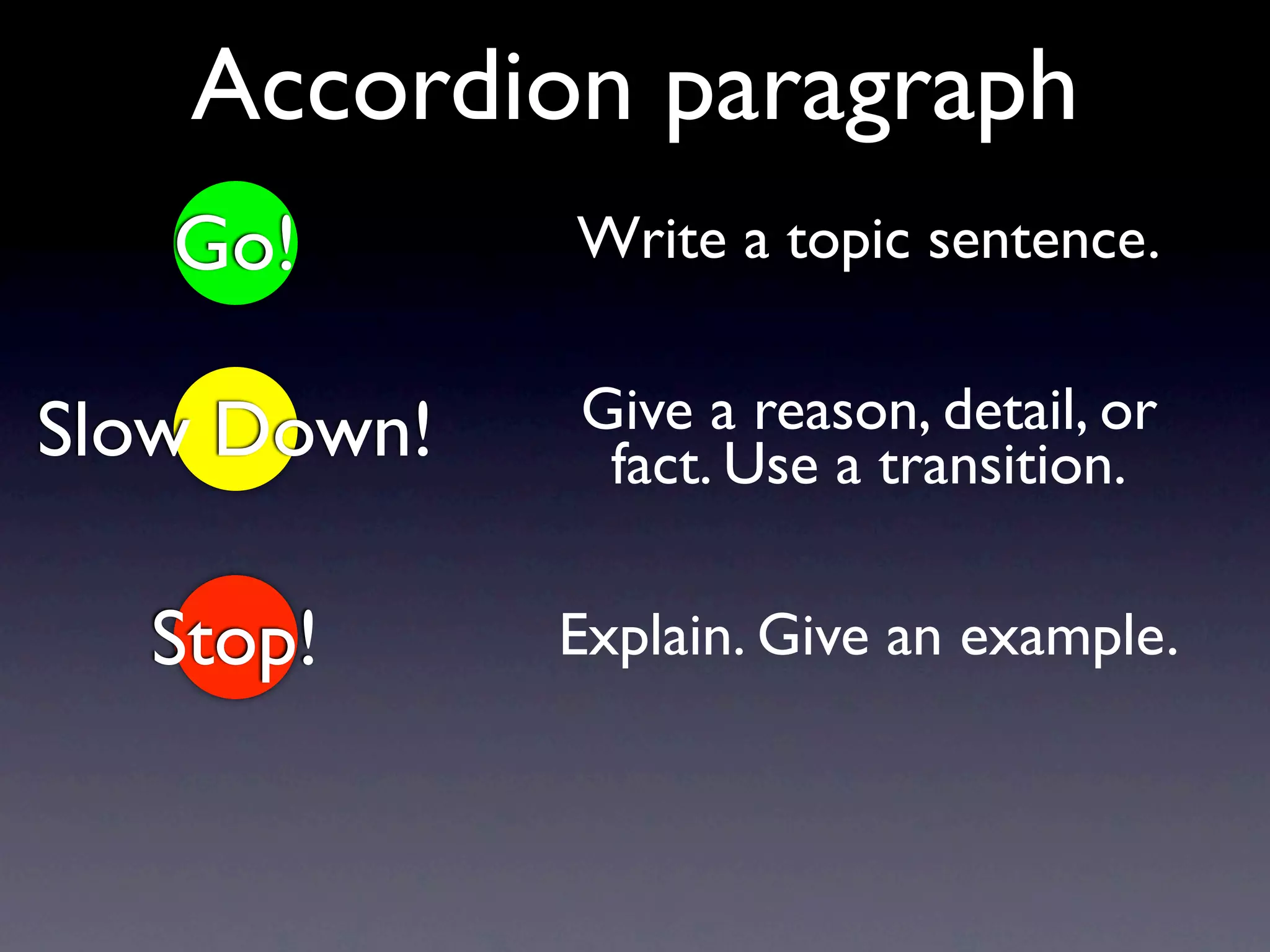 Accordion paragraph
   Go!       Write a topic sentence.


Slow Down!   Give a reason, detail, or
              fact. Use a transition.

  Stop!      Explain. Give an example.
 