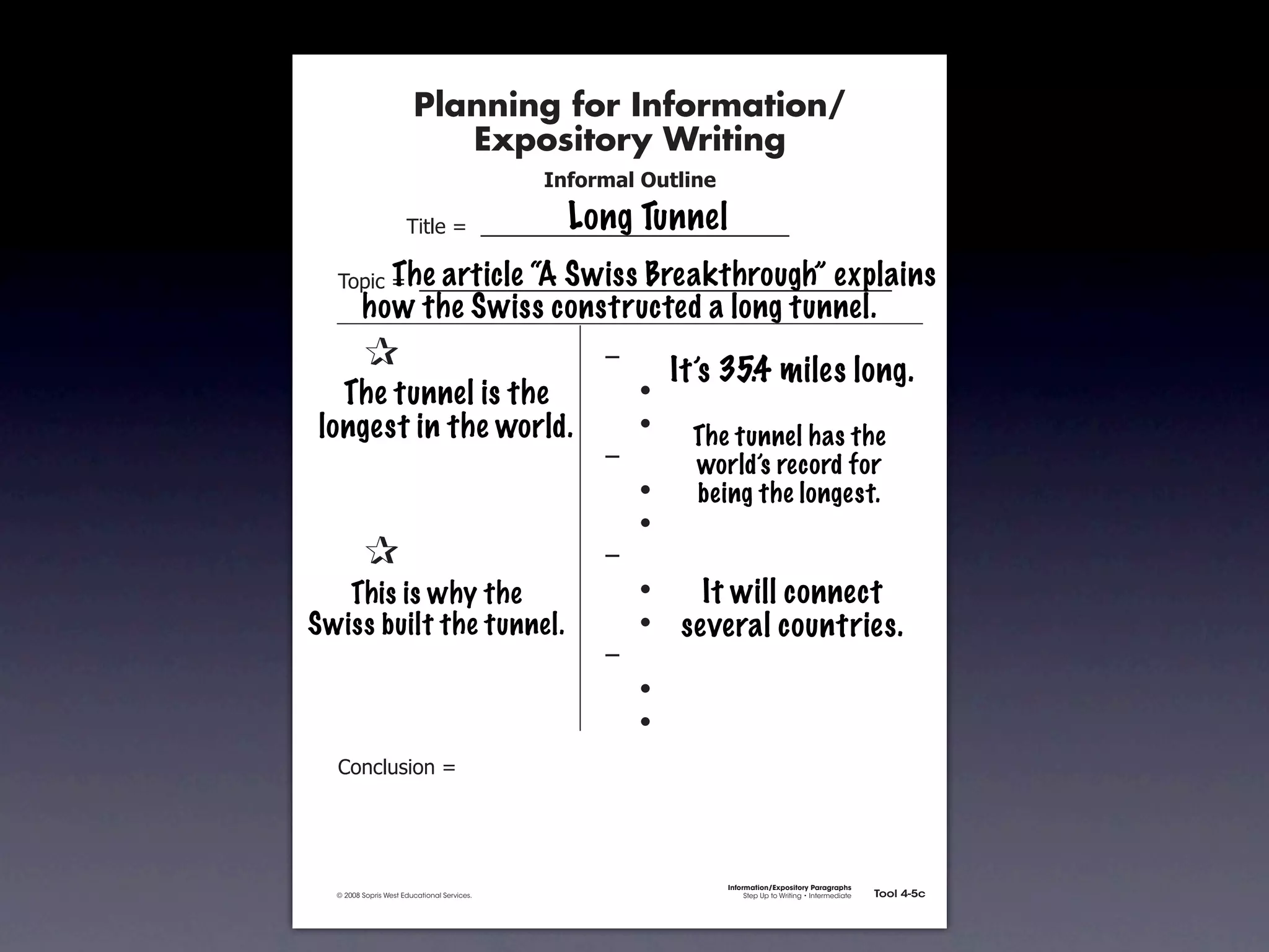 Planning for Information/
                                        Expository Writing
                                                          !"#$%&'()*+,(-".

                                                            Long Tunnel
                                   !"#$%&'&&((((((((((((((((((((((((((((((

                     The article “A Swiss Breakthrough” explains
               !)*"+&'&&((((((((((((((((((((((((((((((((((((((((((((((
                      how the Swiss constructed a long tunnel.
         &     &                                               ,&
                                                                        It’s 35.4 miles long.
         &The tunnel is the
            &                                                  &    -
         & &
       longest in the world.                                   &    -
                                                                         The tunnel has the
         & &                                                   ,&        world’s record for
         & &                                                   &    -    being the longest.
         & &                                                   &    -
         &     &                                               ,&
         & This is why the
            &                                                  &    -     It will connect
         & &
      Swiss built the tunnel.                                  &    -   several countries.
         & &                                                   ,&
         & &                                                   &    -
         & &                                                   &    -
               .)/+$01")/&'&




                                                                             Information/Expository Paragraphs
               © 2008 Sopris West Educational Services.                           Step Up to Writing • Intermediate   Tool 4-5c



Intermediate-sec4.indd 12                                                                                                4/10/07 10:27:20 AM
 