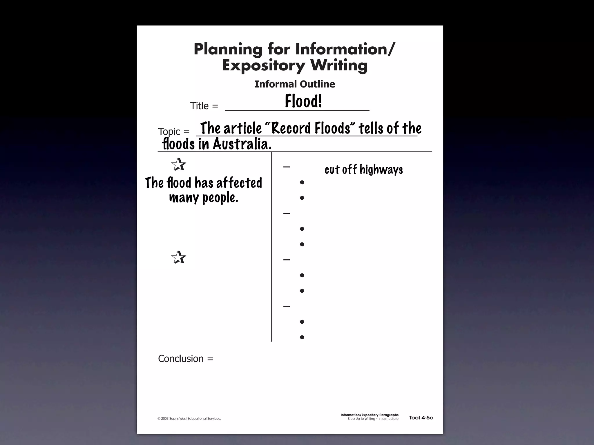 Planning for Information/
                                        Expository Writing
                                                          !"#$%&'()*+,(-".

                                                               Flood!
                                   !"#$%&'&&((((((((((((((((((((((((((((((

                         The article “Record Floods” tells of the
               !)*"+&'&&((((((((((((((((((((((((((((((((((((((((((((((
                 ﬂoods in Australia.
        &    &                                                 ,&       cut off highways
        & &
      The ﬂood has affected                                    &    -
        & many people.
           &                                                   &    -
        & &                                                    ,&
        & &                                                    &    -
        & &                                                    &    -
        &    &                                                 ,&
        & &                                                    &    -
        & &                                                    &    -
        & &                                                    ,&
        & &                                                    &    -
        & &                                                    &    -
               .)/+$01")/&'&




                                                                             Information/Expository Paragraphs
               © 2008 Sopris West Educational Services.                           Step Up to Writing • Intermediate   Tool 4-5c



Intermediate-sec4.indd 12                                                                                                4/10/07 10:27:20 AM
 