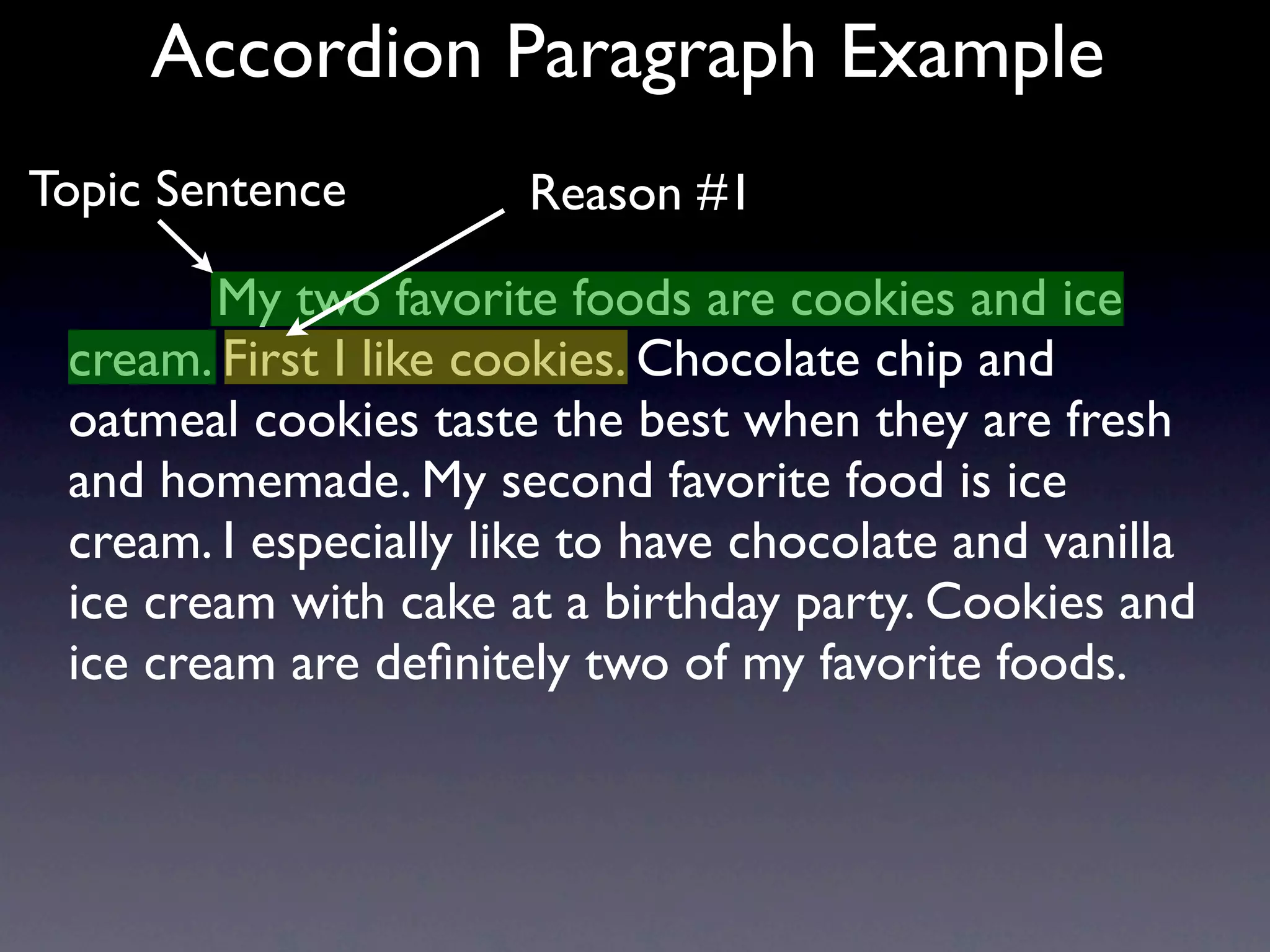 Accordion Paragraph Example
Topic Sentence         Reason #1

        My two favorite foods are cookies and ice
 cream. First I like cookies. Chocolate chip and
 oatmeal cookies taste the best when they are fresh
 and homemade. My second favorite food is ice
 cream. I especially like to have chocolate and vanilla
 ice cream with cake at a birthday party. Cookies and
 ice cream are deﬁnitely two of my favorite foods.
 