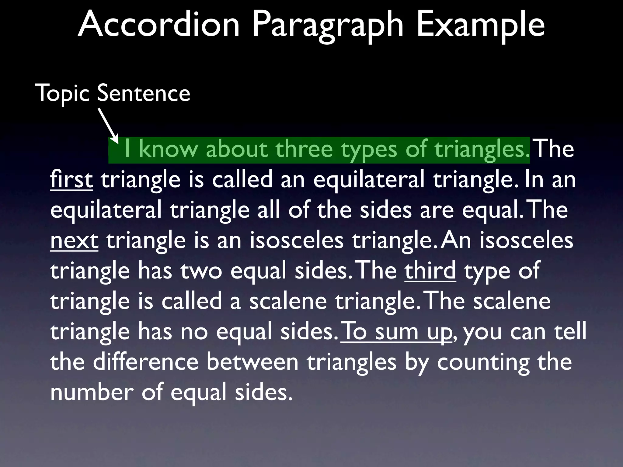 Accordion Paragraph Example
Topic Sentence

           I know about three types of triangles. The
 ﬁrst triangle is called an equilateral triangle. In an
 equilateral triangle all of the sides are equal. The
 next triangle is an isosceles triangle. An isosceles
 triangle has two equal sides. The third type of
 triangle is called a scalene triangle. The scalene
 triangle has no equal sides. To sum up, you can tell
 the difference between triangles by counting the
 number of equal sides.
 