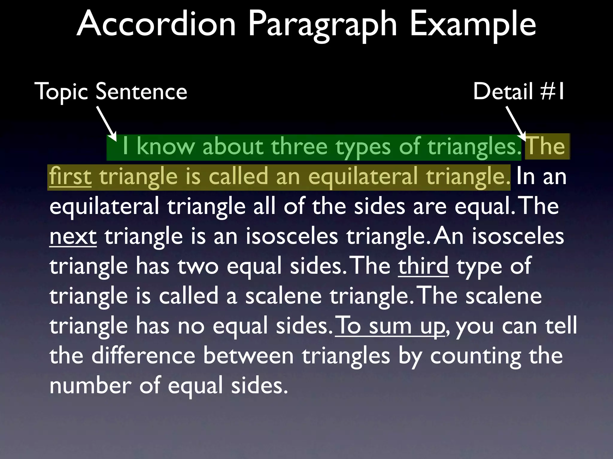 Accordion Paragraph Example
Topic Sentence                              Detail #1

           I know about three types of triangles. The
 ﬁrst triangle is called an equilateral triangle. In an
 equilateral triangle all of the sides are equal. The
 next triangle is an isosceles triangle. An isosceles
 triangle has two equal sides. The third type of
 triangle is called a scalene triangle. The scalene
 triangle has no equal sides. To sum up, you can tell
 the difference between triangles by counting the
 number of equal sides.
 