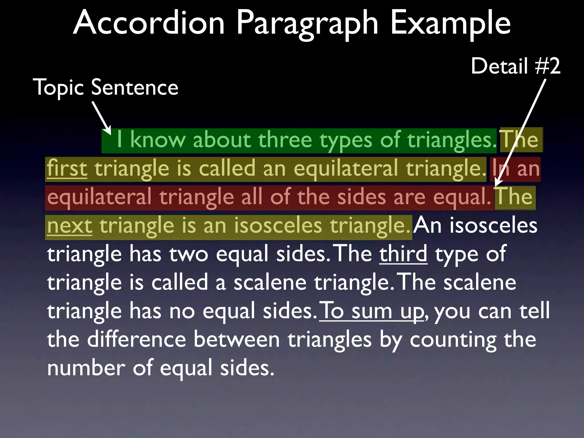 Accordion Paragraph Example
                                              Detail #2
Topic Sentence

           I know about three types of triangles. The
 ﬁrst triangle is called an equilateral triangle. In an
 equilateral triangle all of the sides are equal. The
 next triangle is an isosceles triangle. An isosceles
 triangle has two equal sides. The third type of
 triangle is called a scalene triangle. The scalene
 triangle has no equal sides. To sum up, you can tell
 the difference between triangles by counting the
 number of equal sides.
 