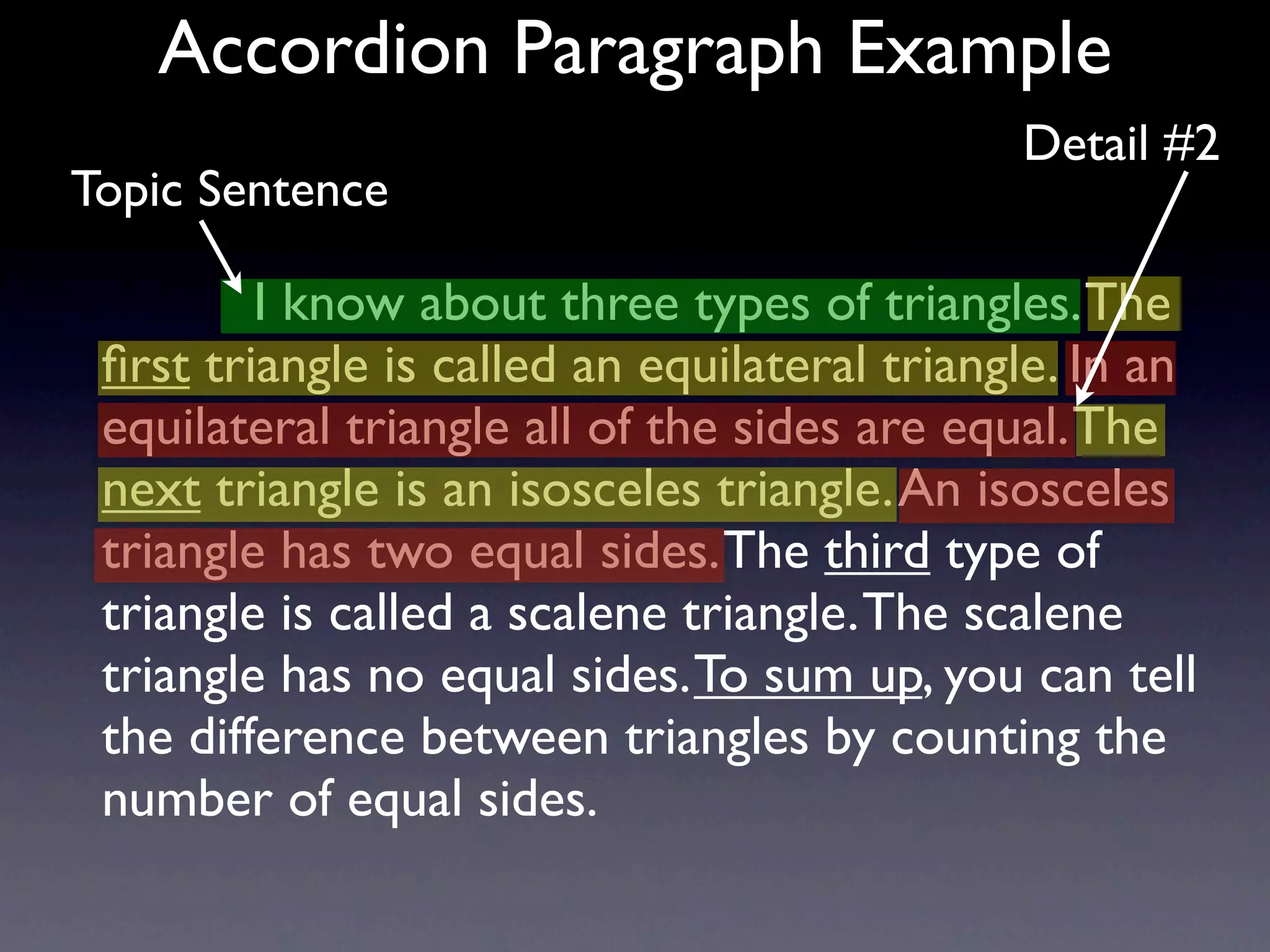 Accordion Paragraph Example
                                              Detail #2
Topic Sentence

           I know about three types of triangles. The
 ﬁrst triangle is called an equilateral triangle. In an
 equilateral triangle all of the sides are equal. The
 next triangle is an isosceles triangle. An isosceles
 triangle has two equal sides. The third type of
 triangle is called a scalene triangle. The scalene
 triangle has no equal sides. To sum up, you can tell
 the difference between triangles by counting the
 number of equal sides.
 