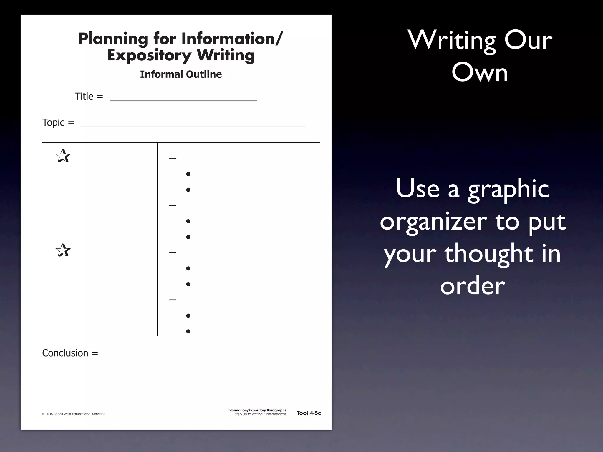Planning for Information/
                                        Expository Writing
                                                                                                                                                 Writing Our
                                                          !"#$%&'()*+,(-".                                                                         Own
                                     !"#$%&'&&((((((((((((((((((((((((((((((

               !)*"+&'&&((((((((((((((((((((((((((((((((((((((((((((((


               &                 &                             ,&
               &       &                                       &    -
               &
               &
                       &
                       &
                                                               &
                                                               ,&
                                                                    -                                                                           Use a graphic
               &
               &
                       &
                       &
                                                               &
                                                               &
                                                                    -
                                                                    -
                                                                                                                                               organizer to put
               &
               &       &
                                 &                             ,&
                                                               &    -
                                                                                                                                               your thought in
               &
               &
                       &
                       &
                                                               &
                                                               ,&
                                                                    -
                                                                                                                                                    order
               &       &                                       &    -
               &       &                                       &    -
               .)/+$01")/&'&




                                                                             Information/Expository Paragraphs
               © 2008 Sopris West Educational Services.                           Step Up to Writing • Intermediate   Tool 4-5c



Intermediate-sec4.indd 12                                                                                                4/10/07 10:27:20 AM
 