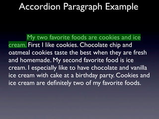 Accordion Paragraph Example


       My two favorite foods are cookies and ice
cream. First I like cookies. Chocolate chip and
oatmeal cookies taste the best when they are fresh
and homemade. My second favorite food is ice
cream. I especially like to have chocolate and vanilla
ice cream with cake at a birthday party. Cookies and
ice cream are deﬁnitely two of my favorite foods.
 