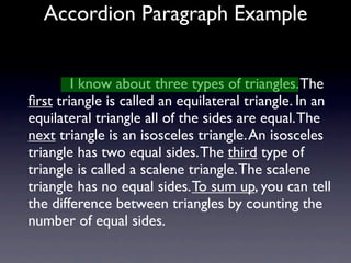 Accordion Paragraph Example


          I know about three types of triangles. The
ﬁrst triangle is called an equilateral triangle. In an
equilateral triangle all of the sides are equal. The
next triangle is an isosceles triangle. An isosceles
triangle has two equal sides. The third type of
triangle is called a scalene triangle. The scalene
triangle has no equal sides. To sum up, you can tell
the difference between triangles by counting the
number of equal sides.
 