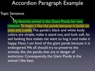 Accordion Paragraph Example
Topic Sentence

       My favorite animal is the Giant Panda for two
    reasons. To begin, I like the panda because it looks so
    cute and cuddly. The panda's black and white body
    colors are simple, make it stand out, and look soft. Its
    sad looking face makes me want to hug it and make it
    happy. Next, I am fond of the giant panda because it is
    endangered. We all should try to preserve the
    animals, like the panda, that are in danger of
    extinction. Consequently, the Giant Panda is the
    animal I like best.
 